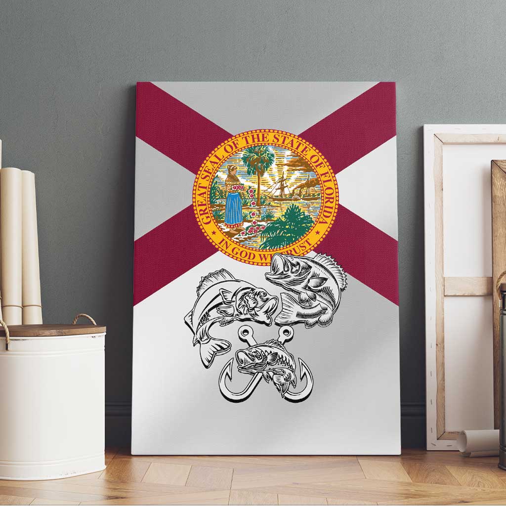 Florida State Flag Fishing Canvas Wall Art Hook and Fish Sketch Graphic in Red and White Design - Wonder Print Shop