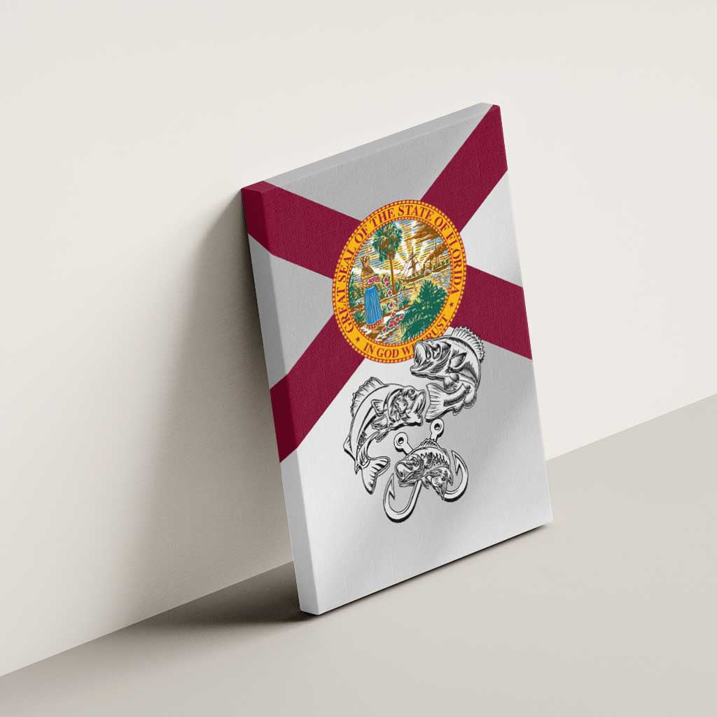 Florida State Flag Fishing Canvas Wall Art Hook and Fish Sketch Graphic in Red and White Design - Wonder Print Shop