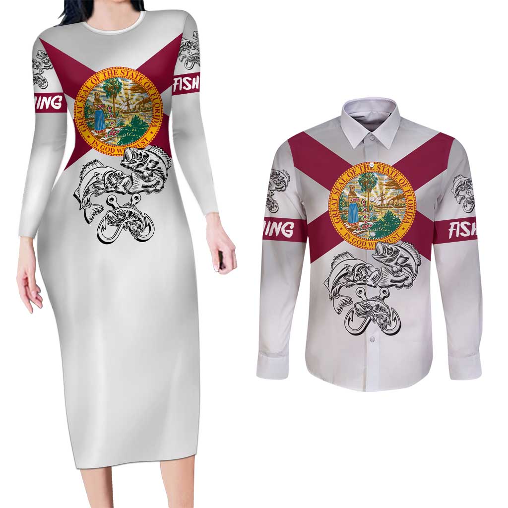 Florida State Flag Fishing Couples Matching Long Sleeve Bodycon Dress and Long Sleeve Button Shirt Hook and Fish Sketch Graphic in Red and White Design - Wonder Print Shop