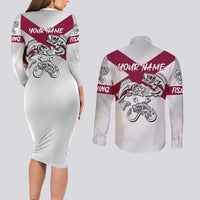 Florida State Flag Fishing Couples Matching Long Sleeve Bodycon Dress and Long Sleeve Button Shirt Hook and Fish Sketch Graphic in Red and White Design - Wonder Print Shop