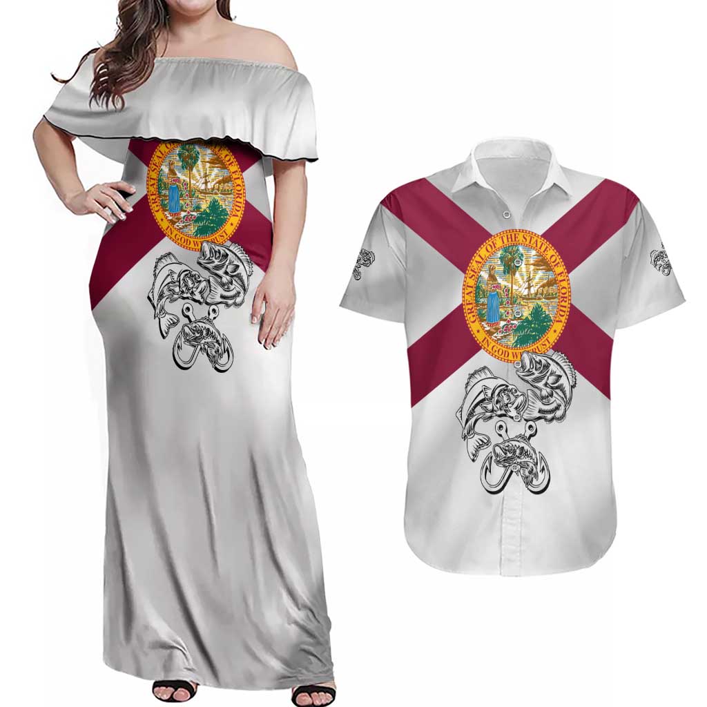 Florida State Flag Fishing Couples Matching Off Shoulder Maxi Dress and Hawaiian Shirt Hook and Fish Sketch Graphic in Red and White Design - Wonder Print Shop
