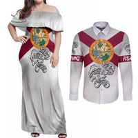 Florida State Flag Fishing Couples Matching Off Shoulder Maxi Dress and Long Sleeve Button Shirt Hook and Fish Sketch Graphic in Red and White Design - Wonder Print Shop