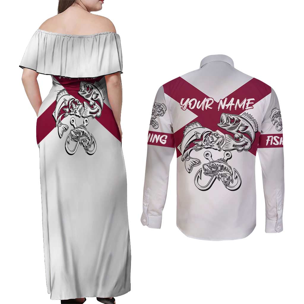 Florida State Flag Fishing Couples Matching Off Shoulder Maxi Dress and Long Sleeve Button Shirt Hook and Fish Sketch Graphic in Red and White Design - Wonder Print Shop