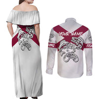 Florida State Flag Fishing Couples Matching Off Shoulder Maxi Dress and Long Sleeve Button Shirt Hook and Fish Sketch Graphic in Red and White Design - Wonder Print Shop