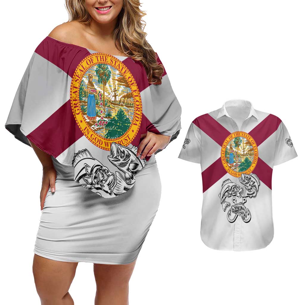Florida State Flag Fishing Couples Matching Off Shoulder Short Dress and Hawaiian Shirt Hook and Fish Sketch Graphic in Red and White Design - Wonder Print Shop