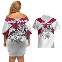 Florida State Flag Fishing Couples Matching Off Shoulder Short Dress and Hawaiian Shirt Hook and Fish Sketch Graphic in Red and White Design - Wonder Print Shop