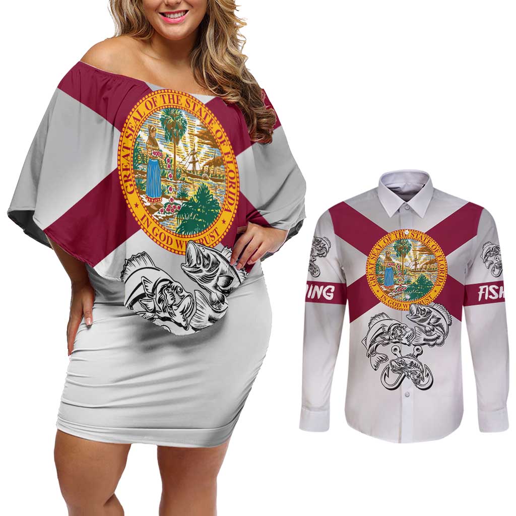 Florida State Flag Fishing Couples Matching Off Shoulder Short Dress and Long Sleeve Button Shirt Hook and Fish Sketch Graphic in Red and White Design - Wonder Print Shop