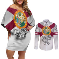 Florida State Flag Fishing Couples Matching Off Shoulder Short Dress and Long Sleeve Button Shirt Hook and Fish Sketch Graphic in Red and White Design - Wonder Print Shop