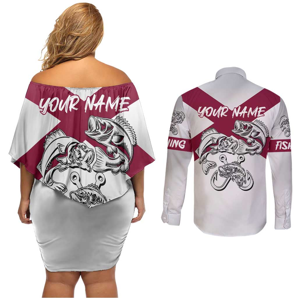 Florida State Flag Fishing Couples Matching Off Shoulder Short Dress and Long Sleeve Button Shirt Hook and Fish Sketch Graphic in Red and White Design - Wonder Print Shop