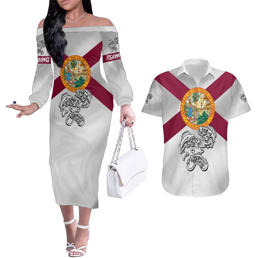 Florida State Flag Fishing Couples Matching Off The Shoulder Long Sleeve Dress and Hawaiian Shirt Hook and Fish Sketch Graphic in Red and White Design - Wonder Print Shop