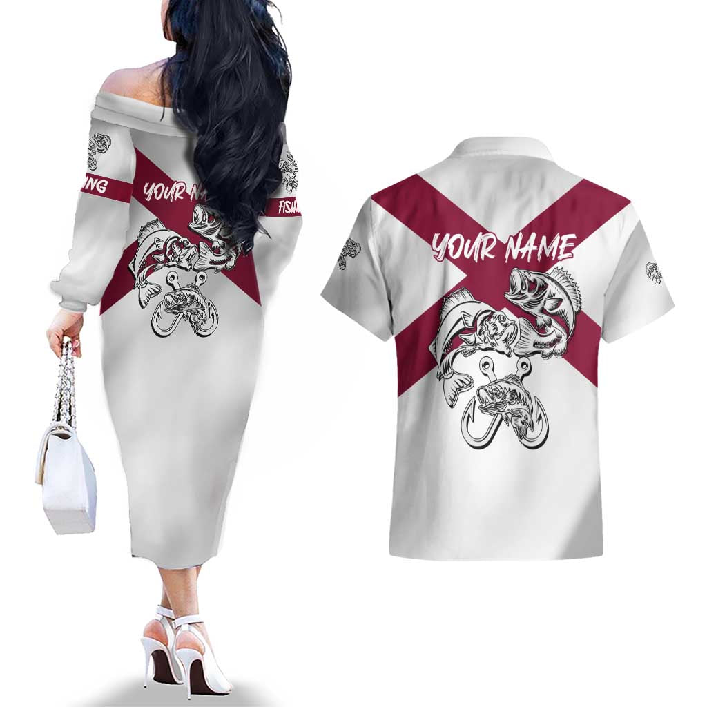 Florida State Flag Fishing Couples Matching Off The Shoulder Long Sleeve Dress and Hawaiian Shirt Hook and Fish Sketch Graphic in Red and White Design - Wonder Print Shop