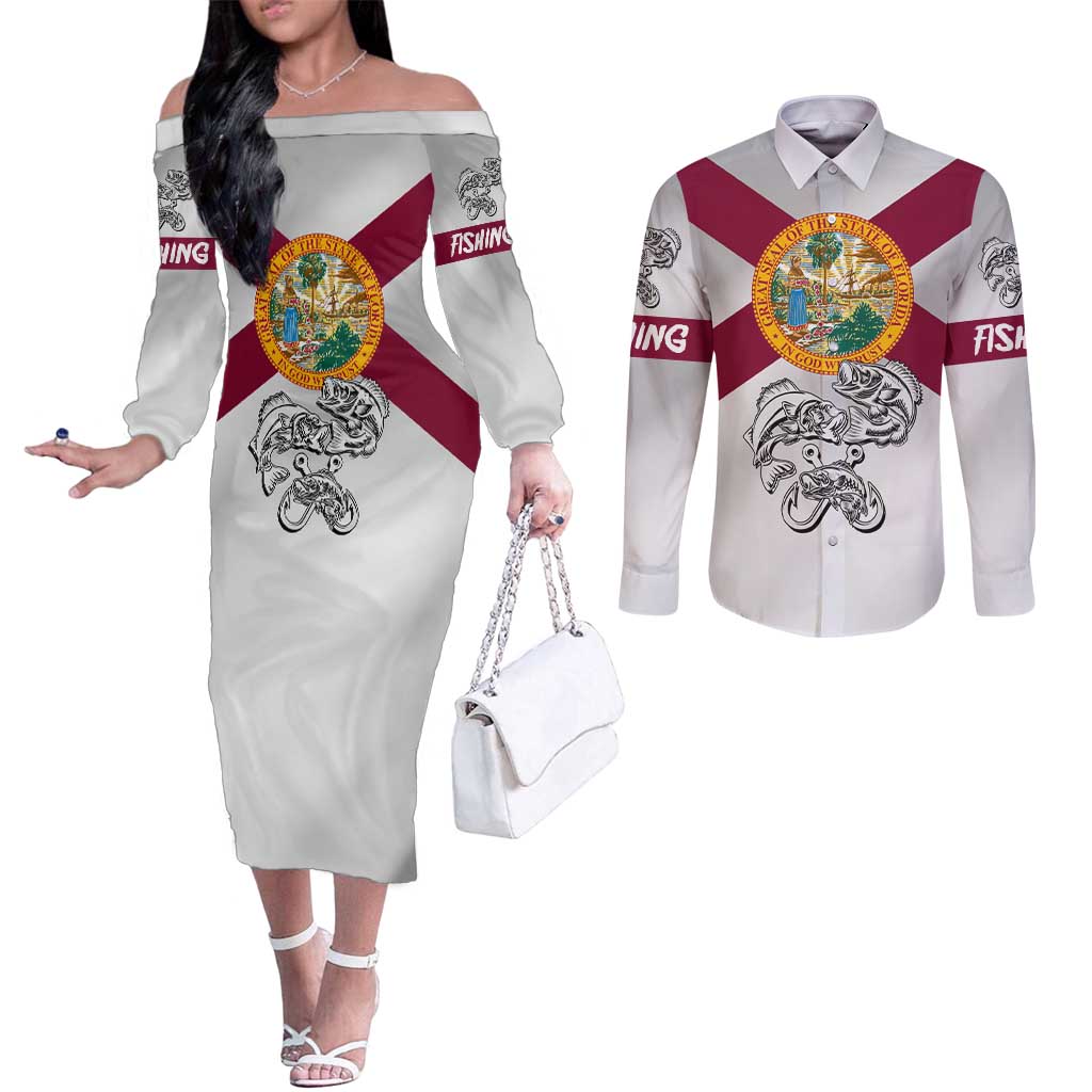 Florida State Flag Fishing Couples Matching Off The Shoulder Long Sleeve Dress and Long Sleeve Button Shirt Hook and Fish Sketch Graphic in Red and White Design - Wonder Print Shop
