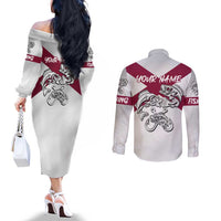 Florida State Flag Fishing Couples Matching Off The Shoulder Long Sleeve Dress and Long Sleeve Button Shirt Hook and Fish Sketch Graphic in Red and White Design - Wonder Print Shop