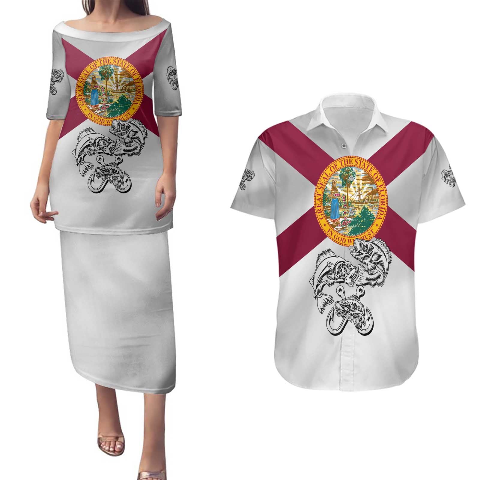 Florida State Flag Fishing Couples Matching Puletasi and Hawaiian Shirt Hook and Fish Sketch Graphic in Red and White Design - Wonder Print Shop