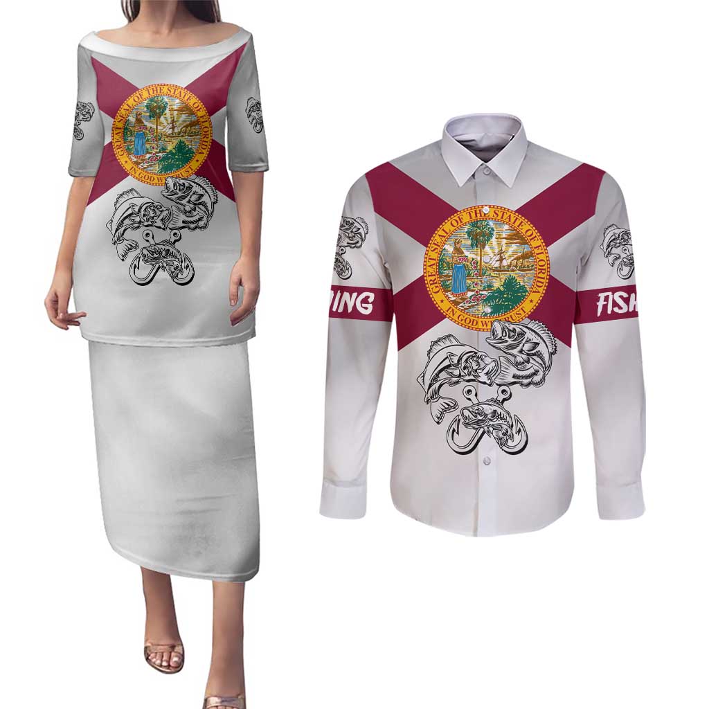 Florida State Flag Fishing Couples Matching Puletasi and Long Sleeve Button Shirt Hook and Fish Sketch Graphic in Red and White Design - Wonder Print Shop