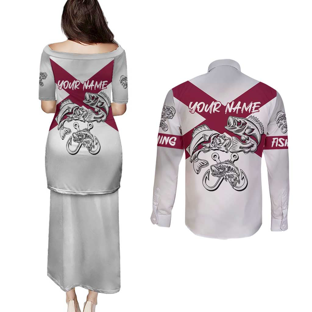 Florida State Flag Fishing Couples Matching Puletasi and Long Sleeve Button Shirt Hook and Fish Sketch Graphic in Red and White Design - Wonder Print Shop