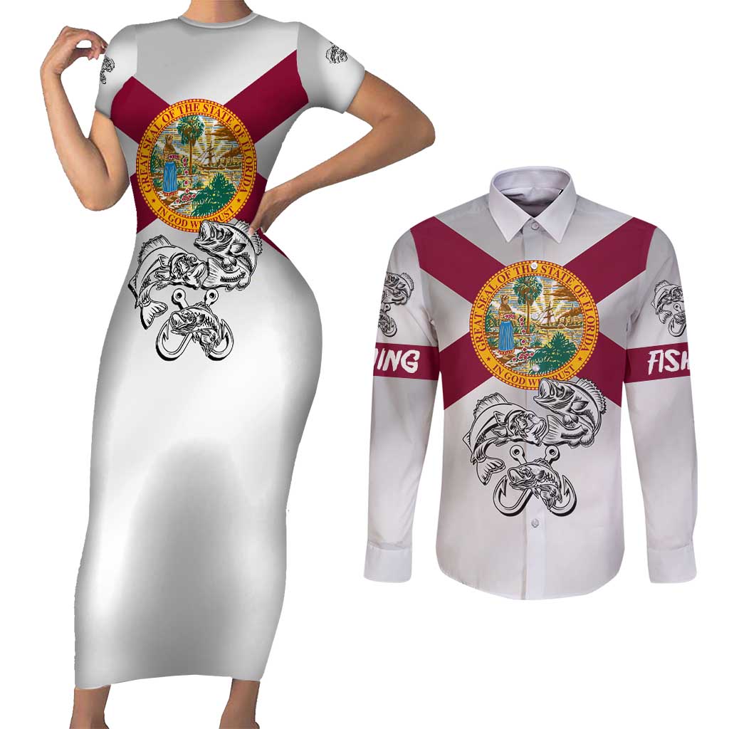 Florida State Flag Fishing Couples Matching Short Sleeve Bodycon Dress and Long Sleeve Button Shirt Hook and Fish Sketch Graphic in Red and White Design - Wonder Print Shop