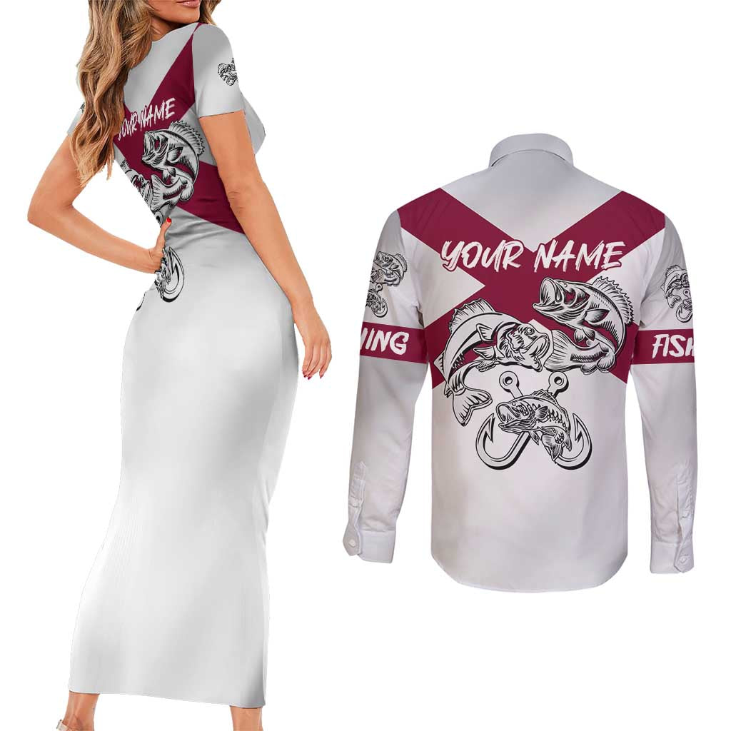 Florida State Flag Fishing Couples Matching Short Sleeve Bodycon Dress and Long Sleeve Button Shirt Hook and Fish Sketch Graphic in Red and White Design - Wonder Print Shop
