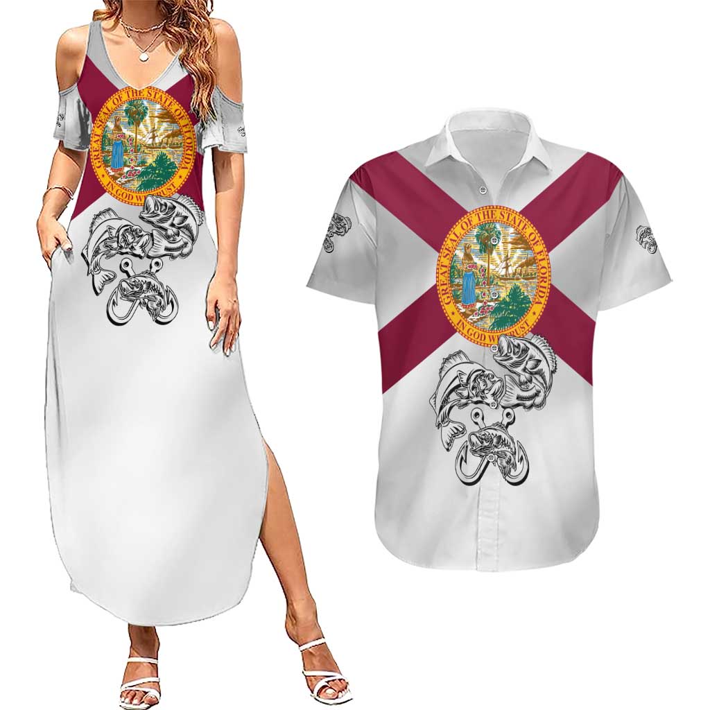 Florida State Flag Fishing Couples Matching Summer Maxi Dress and Hawaiian Shirt Hook and Fish Sketch Graphic in Red and White Design - Wonder Print Shop