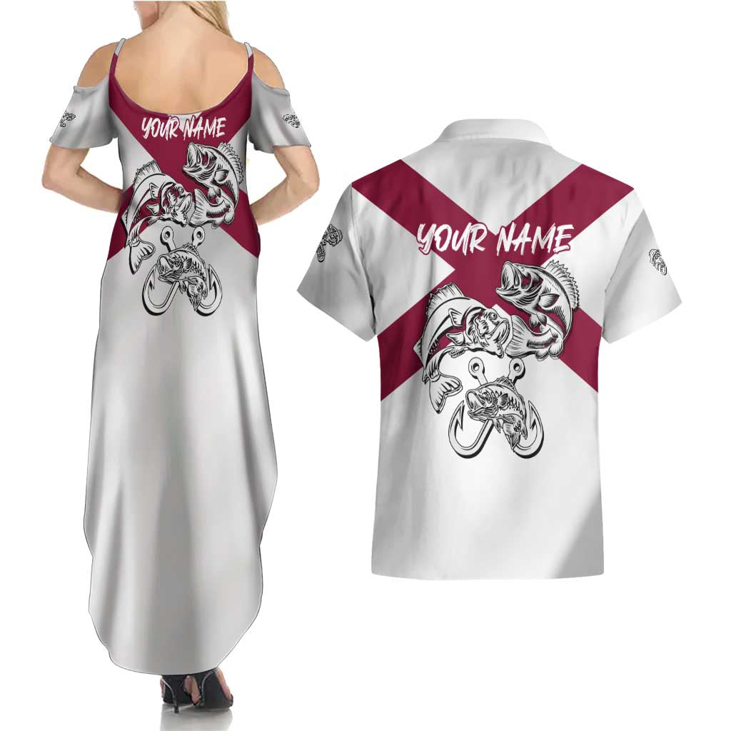 Florida State Flag Fishing Couples Matching Summer Maxi Dress and Hawaiian Shirt Hook and Fish Sketch Graphic in Red and White Design - Wonder Print Shop