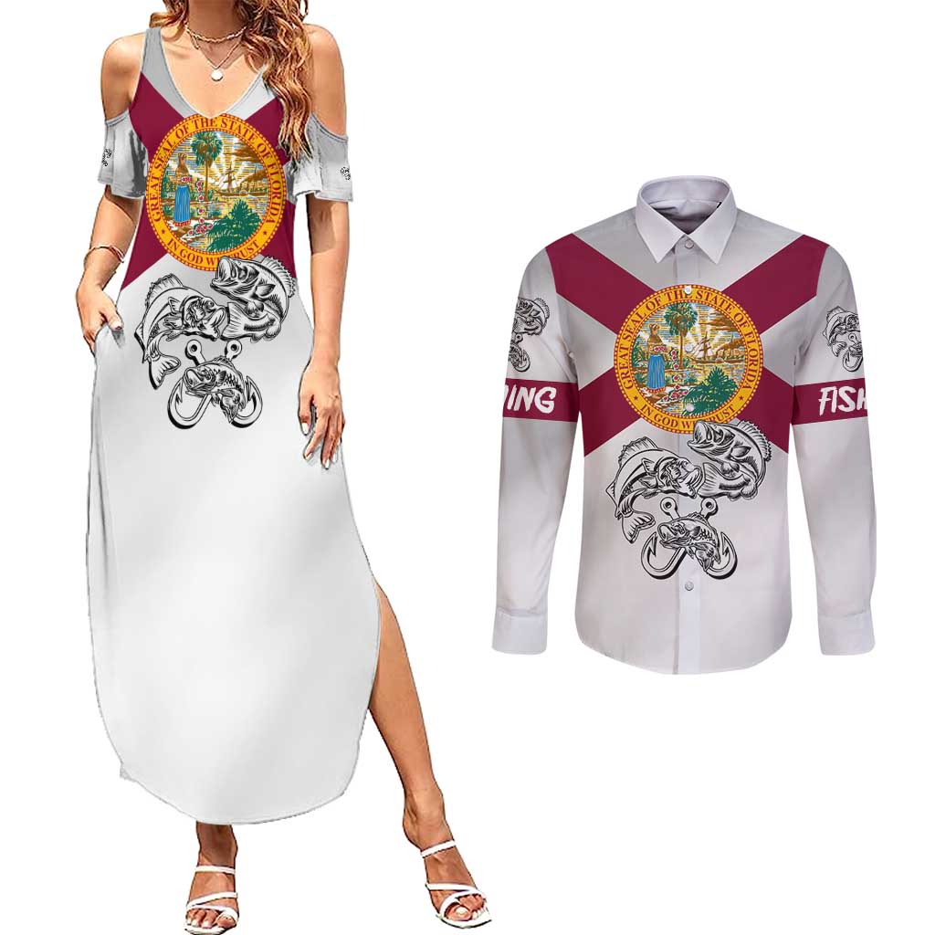 Florida State Flag Fishing Couples Matching Summer Maxi Dress and Long Sleeve Button Shirt Hook and Fish Sketch Graphic in Red and White Design - Wonder Print Shop