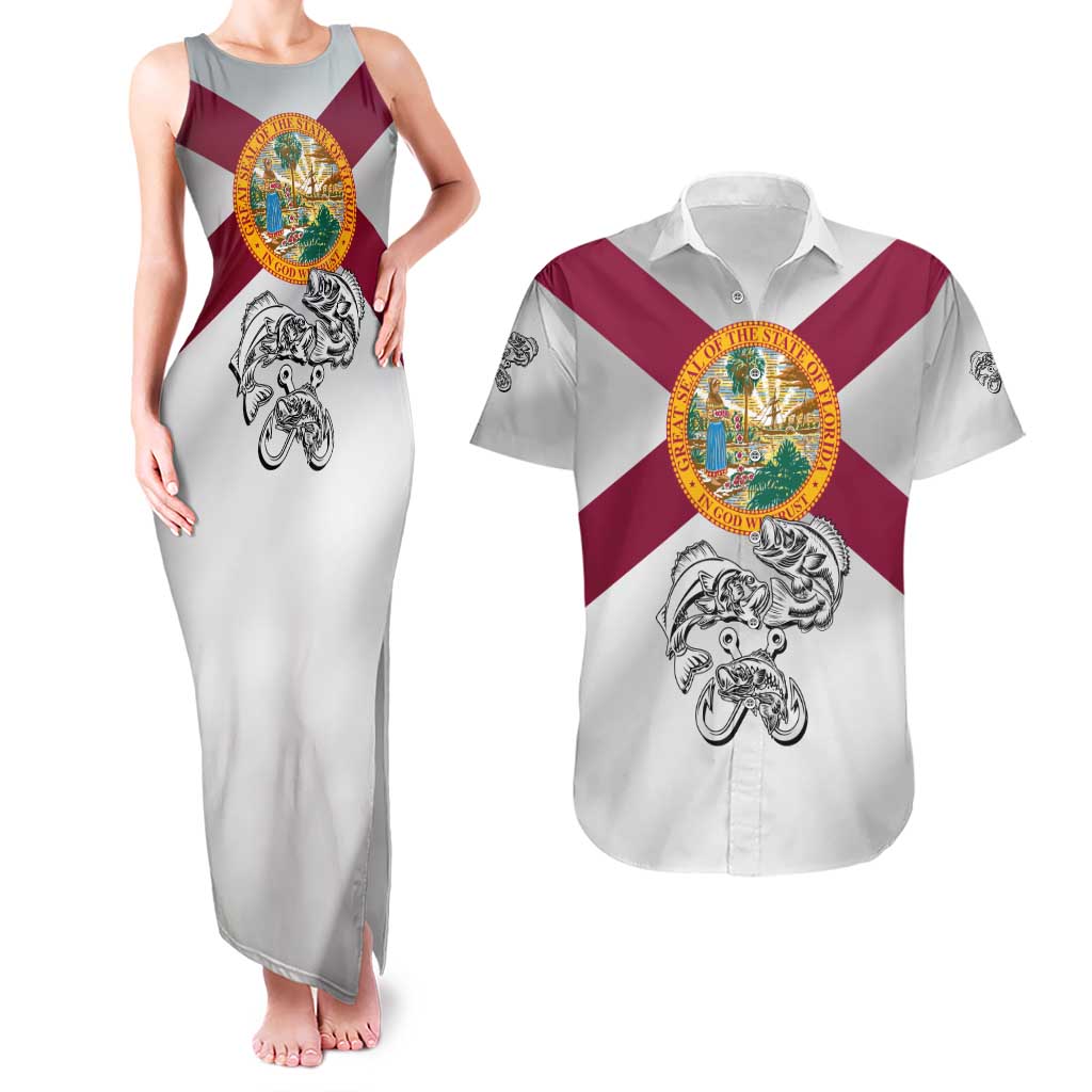 Florida State Flag Fishing Couples Matching Tank Maxi Dress and Hawaiian Shirt Hook and Fish Sketch Graphic in Red and White Design - Wonder Print Shop
