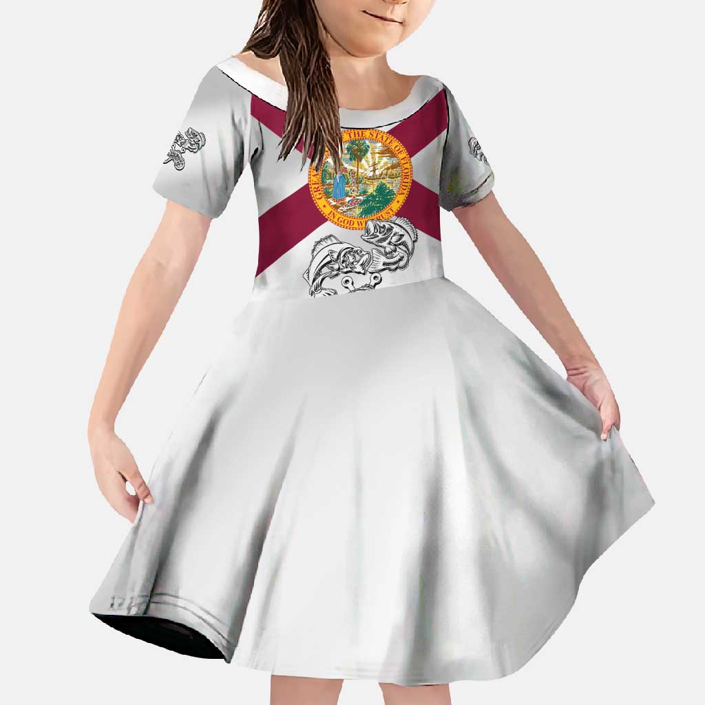 Florida State Flag Fishing Family Matching Long Sleeve Bodycon Dress and Hawaiian Shirt Hook and Fish Sketch Graphic in Red and White Design - Wonder Print Shop