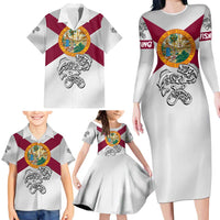 Florida State Flag Fishing Family Matching Long Sleeve Bodycon Dress and Hawaiian Shirt Hook and Fish Sketch Graphic in Red and White Design - Wonder Print Shop