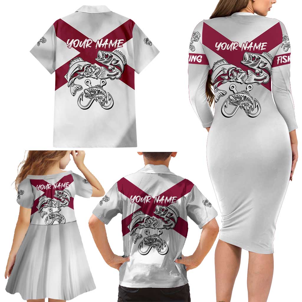 Florida State Flag Fishing Family Matching Long Sleeve Bodycon Dress and Hawaiian Shirt Hook and Fish Sketch Graphic in Red and White Design - Wonder Print Shop