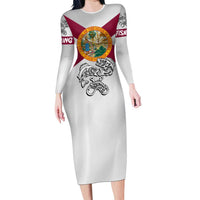 Florida State Flag Fishing Family Matching Long Sleeve Bodycon Dress and Hawaiian Shirt Hook and Fish Sketch Graphic in Red and White Design - Wonder Print Shop