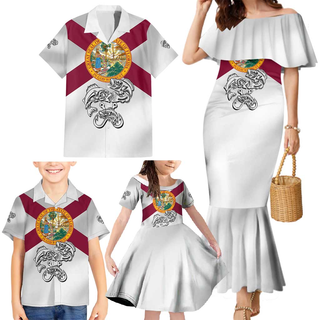 Florida State Flag Fishing Family Matching Mermaid Dress and Hawaiian Shirt Hook and Fish Sketch Graphic in Red and White Design - Wonder Print Shop