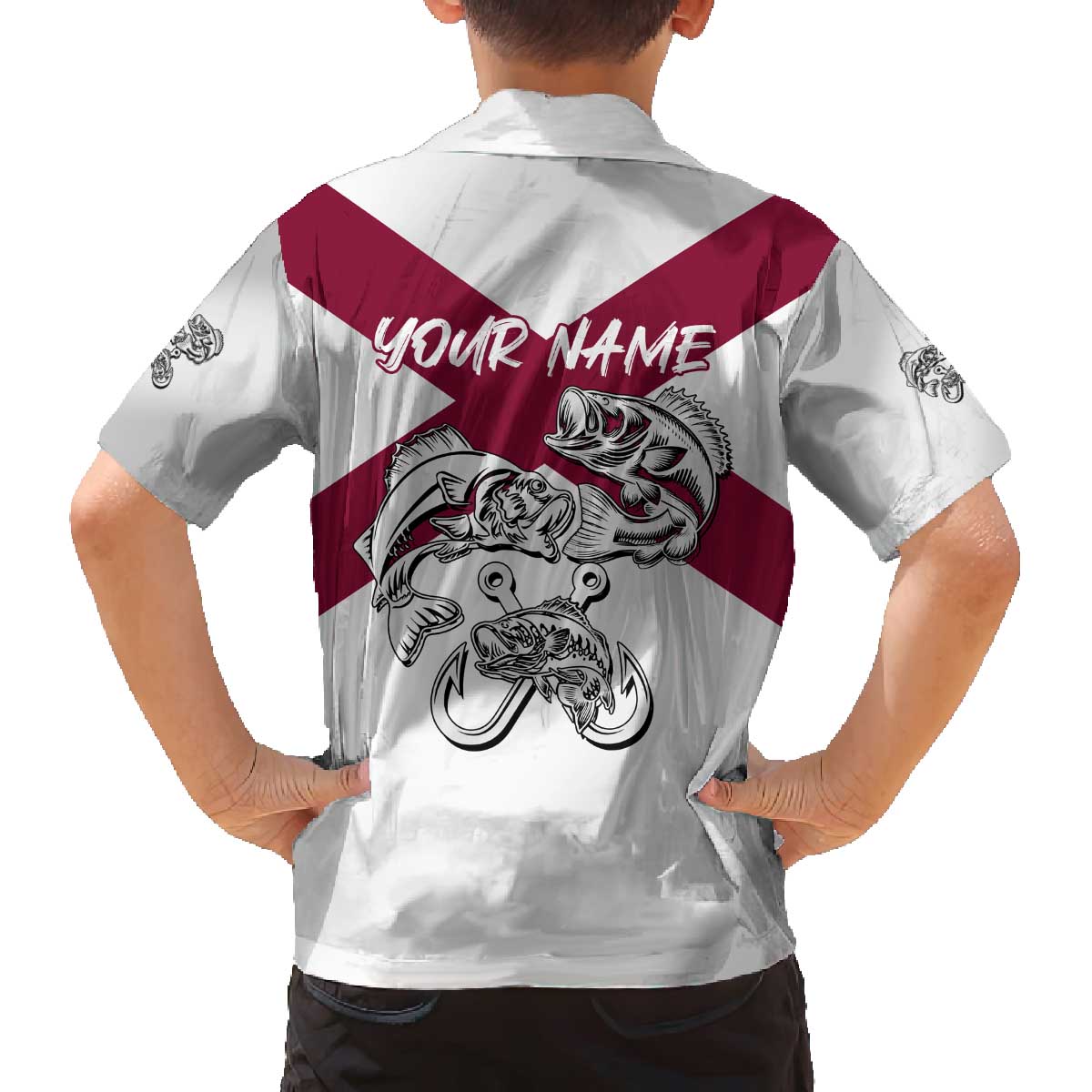 Florida State Flag Fishing Family Matching Off The Shoulder Long Sleeve Dress and Hawaiian Shirt Hook and Fish Sketch Graphic in Red and White Design - Wonder Print Shop