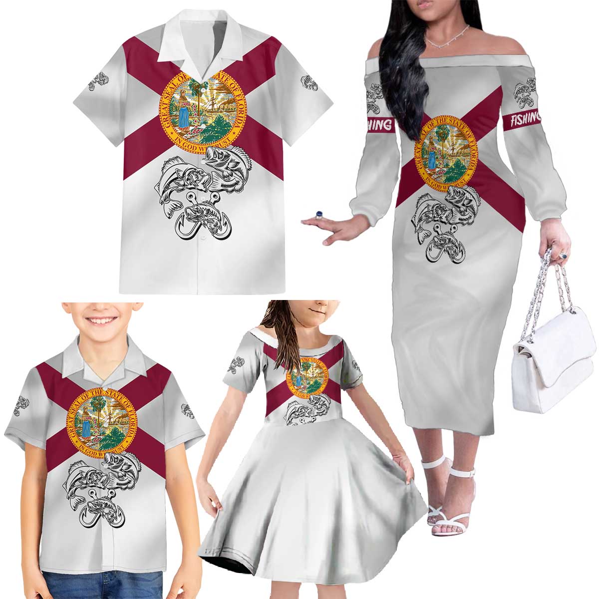 Florida State Flag Fishing Family Matching Off The Shoulder Long Sleeve Dress and Hawaiian Shirt Hook and Fish Sketch Graphic in Red and White Design - Wonder Print Shop
