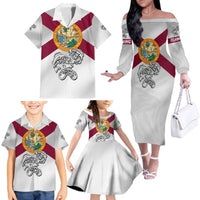 Florida State Flag Fishing Family Matching Off The Shoulder Long Sleeve Dress and Hawaiian Shirt Hook and Fish Sketch Graphic in Red and White Design - Wonder Print Shop