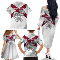 Florida State Flag Fishing Family Matching Off The Shoulder Long Sleeve Dress and Hawaiian Shirt Hook and Fish Sketch Graphic in Red and White Design - Wonder Print Shop