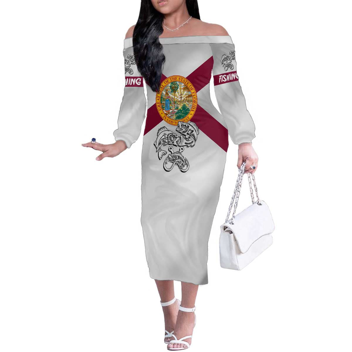 Florida State Flag Fishing Family Matching Off The Shoulder Long Sleeve Dress and Hawaiian Shirt Hook and Fish Sketch Graphic in Red and White Design - Wonder Print Shop