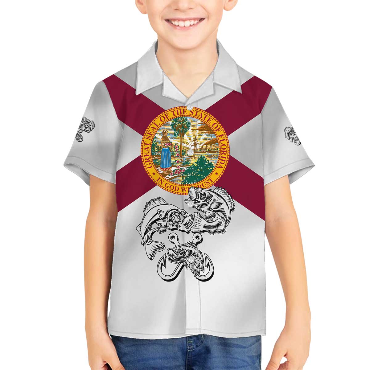 Florida State Flag Fishing Family Matching Off The Shoulder Long Sleeve Dress and Hawaiian Shirt Hook and Fish Sketch Graphic in Red and White Design - Wonder Print Shop