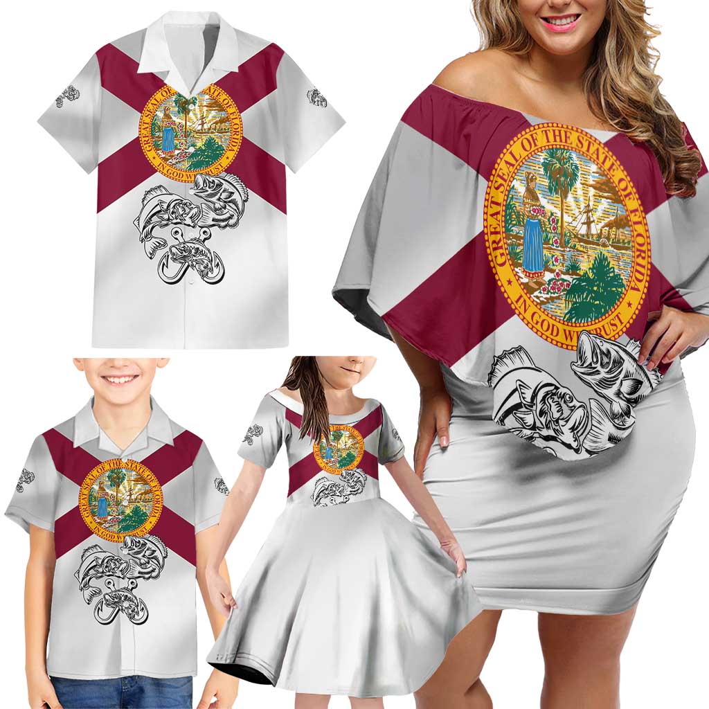 Florida State Flag Fishing Family Matching Off Shoulder Short Dress and Hawaiian Shirt Hook and Fish Sketch Graphic in Red and White Design - Wonder Print Shop