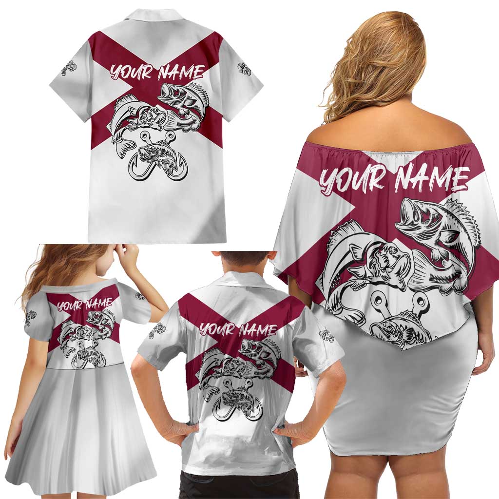 Florida State Flag Fishing Family Matching Off Shoulder Short Dress and Hawaiian Shirt Hook and Fish Sketch Graphic in Red and White Design - Wonder Print Shop