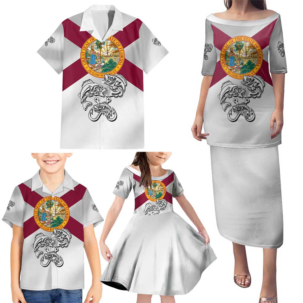 Florida State Flag Fishing Family Matching Puletasi and Hawaiian Shirt Hook and Fish Sketch Graphic in Red and White Design - Wonder Print Shop