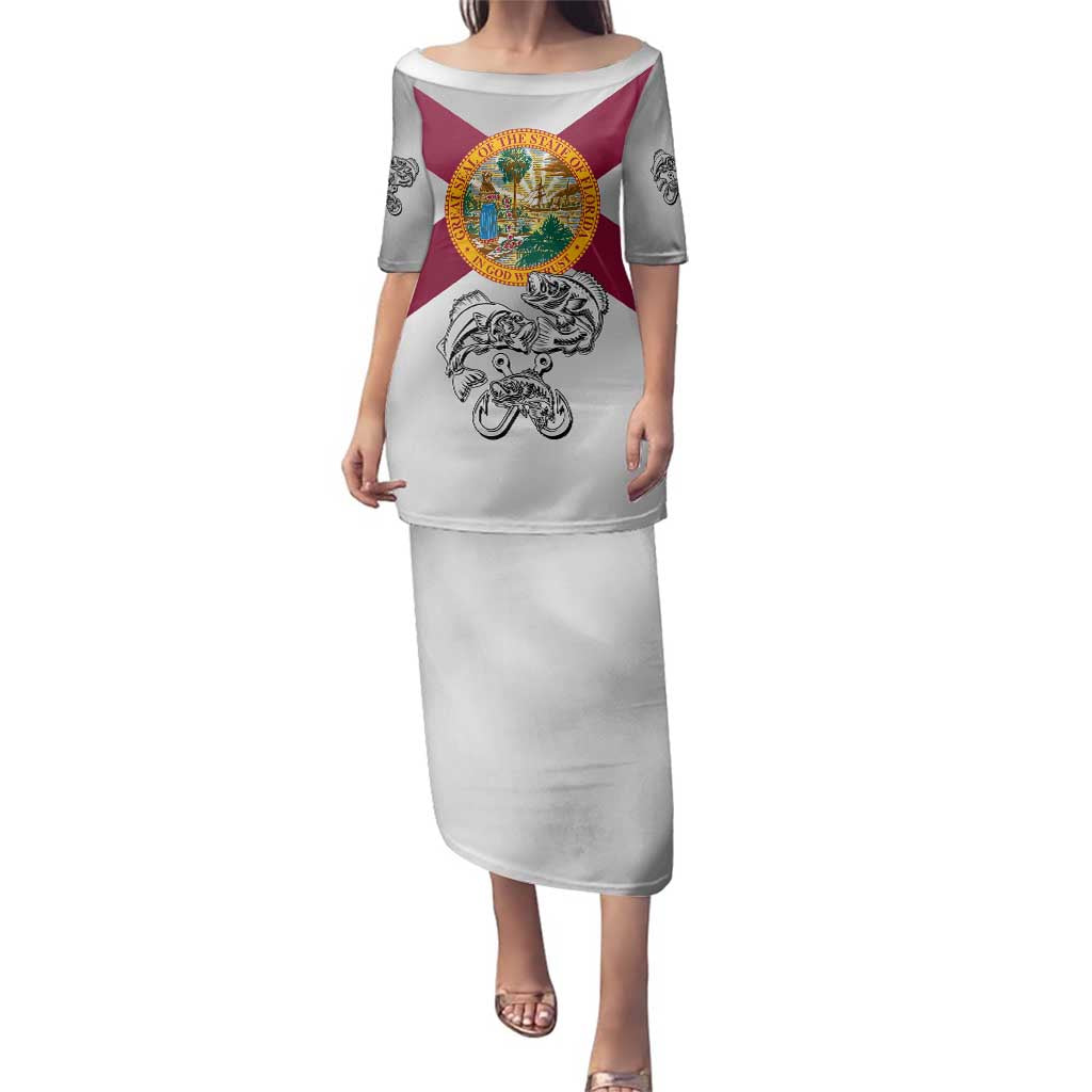 Florida State Flag Fishing Family Matching Puletasi and Hawaiian Shirt Hook and Fish Sketch Graphic in Red and White Design - Wonder Print Shop