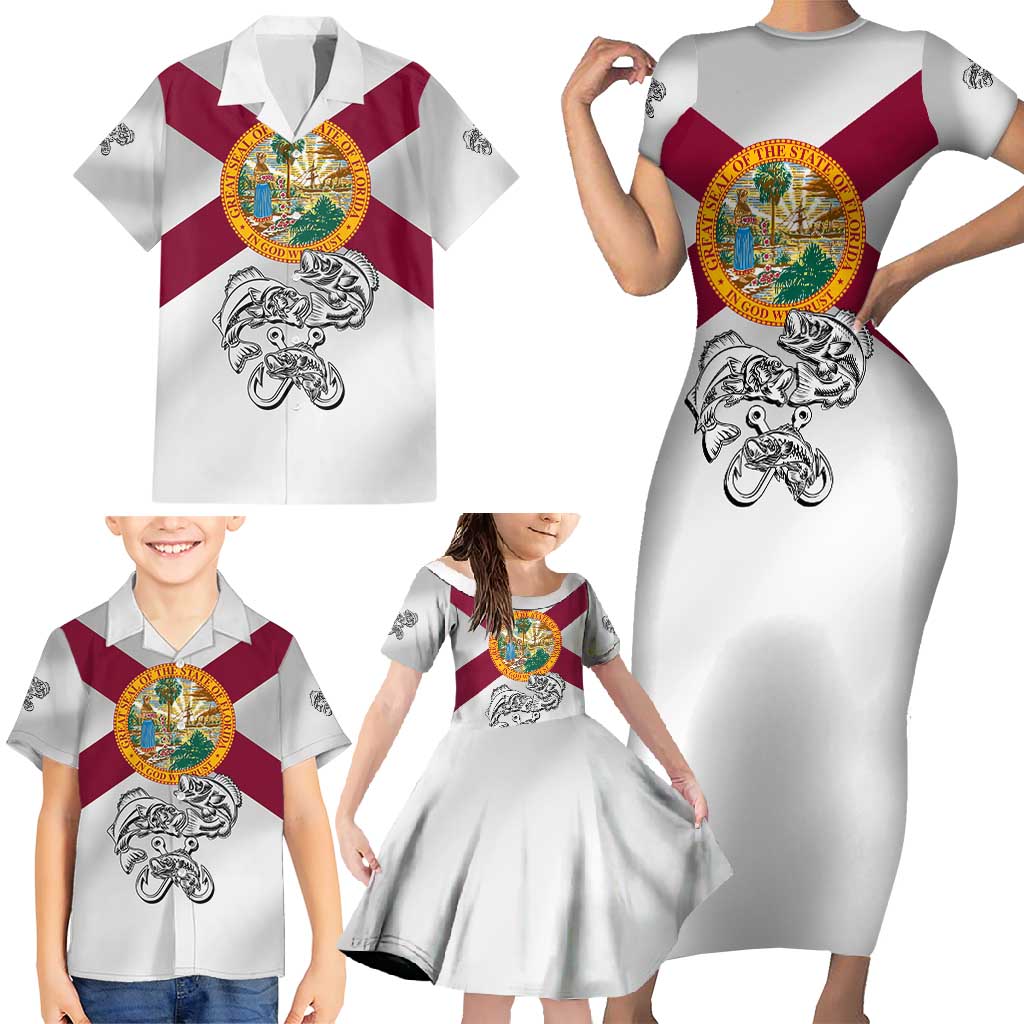 Florida State Flag Fishing Family Matching Short Sleeve Bodycon Dress and Hawaiian Shirt Hook and Fish Sketch Graphic in Red and White Design - Wonder Print Shop