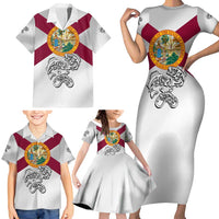 Florida State Flag Fishing Family Matching Short Sleeve Bodycon Dress and Hawaiian Shirt Hook and Fish Sketch Graphic in Red and White Design - Wonder Print Shop