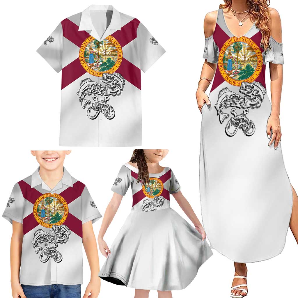 Florida State Flag Fishing Family Matching Summer Maxi Dress and Hawaiian Shirt Hook and Fish Sketch Graphic in Red and White Design - Wonder Print Shop