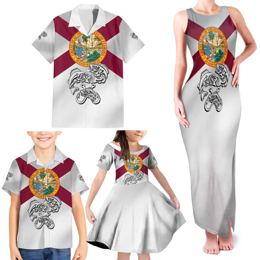 Florida State Flag Fishing Family Matching Tank Maxi Dress and Hawaiian Shirt Hook and Fish Sketch Graphic in Red and White Design - Wonder Print Shop