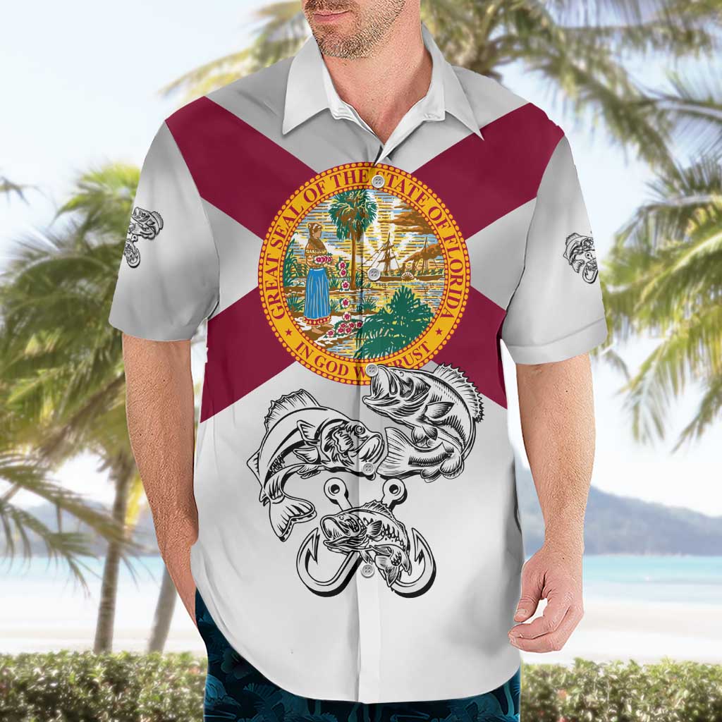 Florida State Flag Fishing Hawaiian Shirt Hook and Fish Sketch Graphic in Red and White Design - Wonder Print Shop