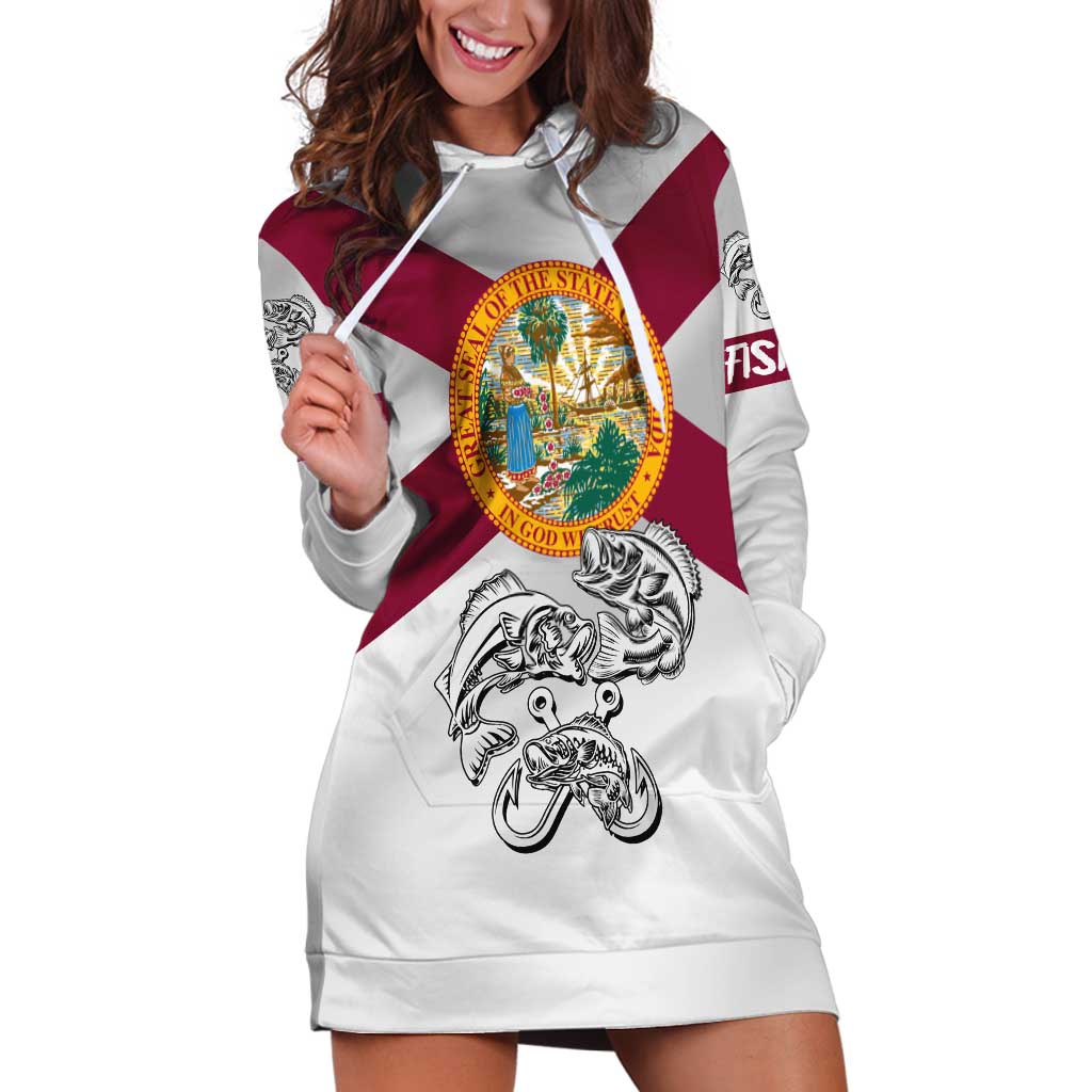 Florida State Flag Fishing Hoodie Dress Hook and Fish Sketch Graphic in Red and White Design - Wonder Print Shop