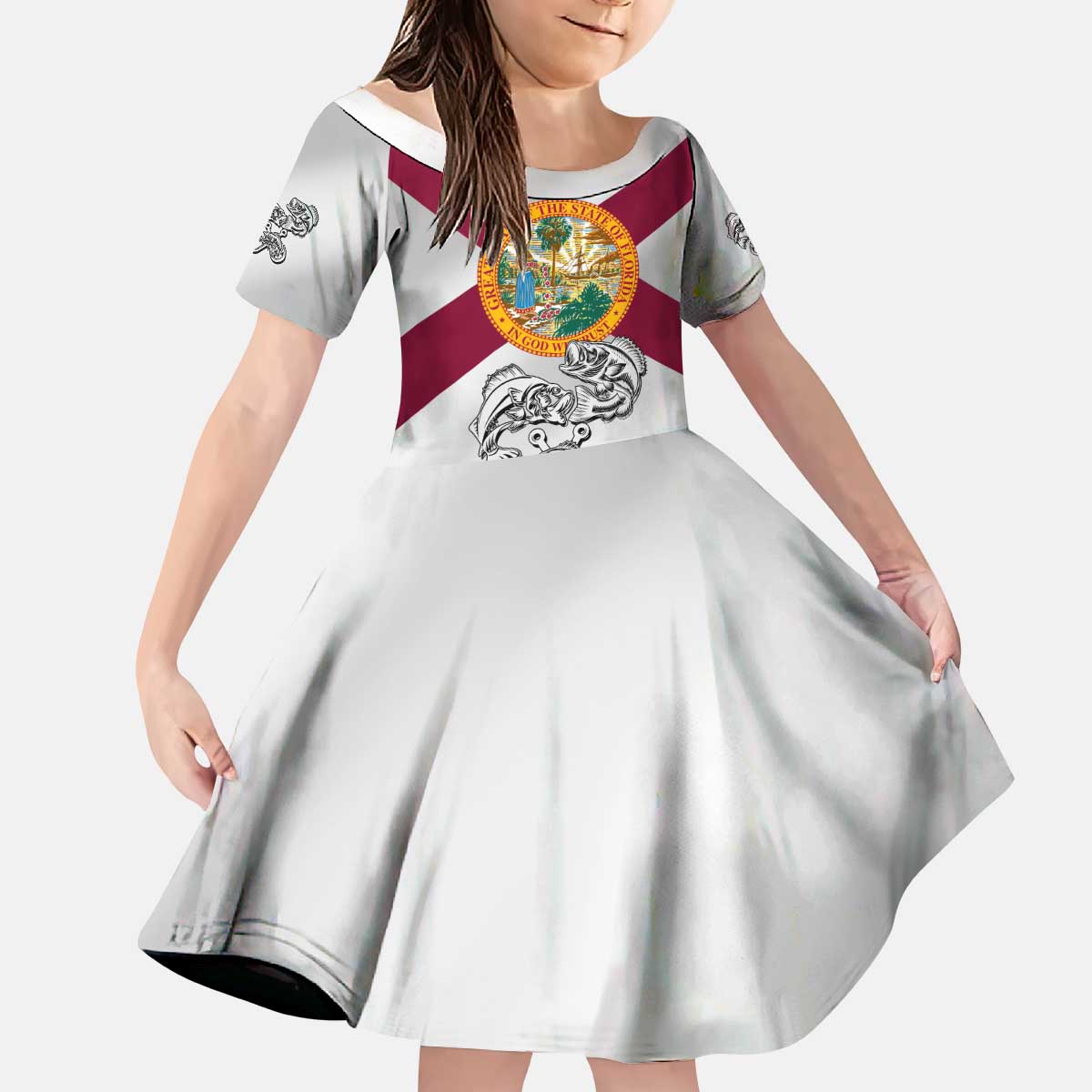 Florida State Flag Fishing Kid Short Sleeve Dress Hook and Fish Sketch Graphic in Red and White Design - Wonder Print Shop