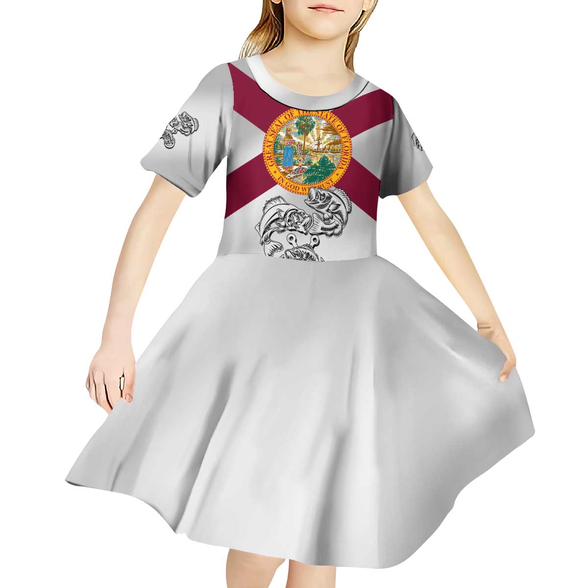 Florida State Flag Fishing Kid Short Sleeve Dress Hook and Fish Sketch Graphic in Red and White Design - Wonder Print Shop