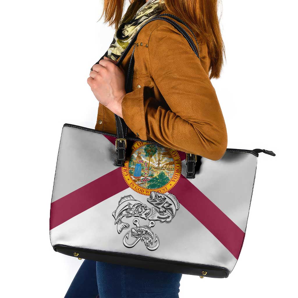Florida State Flag Fishing Leather Tote Bag Hook and Fish Sketch Graphic in Red and White Design - Wonder Print Shop